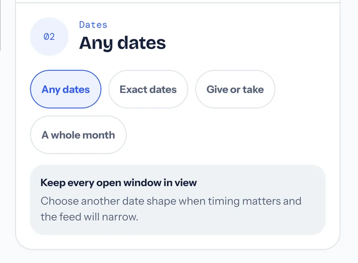 The dates step in the Stead app, offering four date shapes — any dates, exact dates, give or take, and a whole month — above a note reading Keep every open window in view.