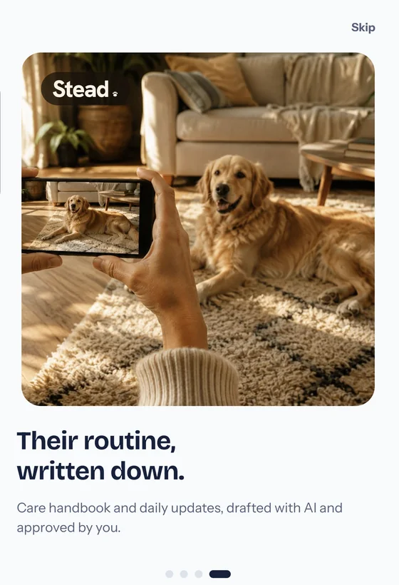 A screen from the Stead app showing someone photographing a golden retriever lying on a rug in a sunlit living room, above the words Their routine, written down.