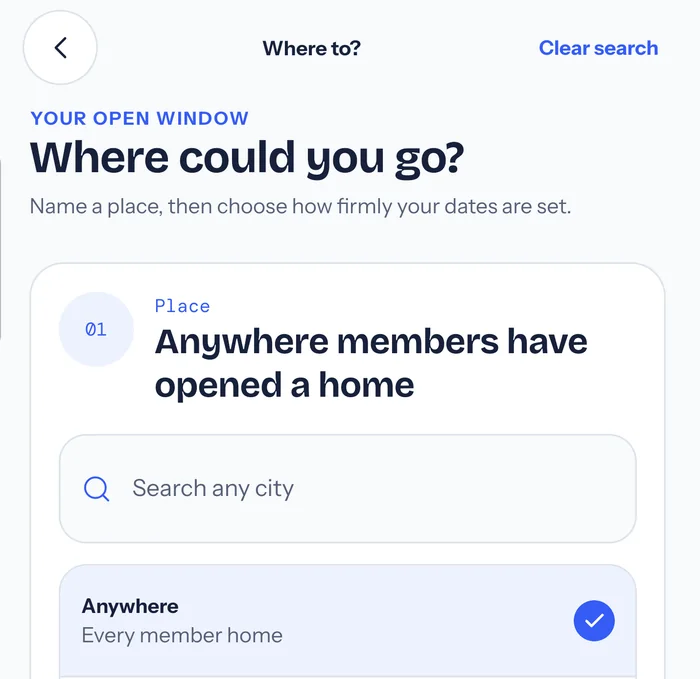The search screen in the Stead app, headed Where could you go?, with a first step labelled Place reading Anywhere members have opened a home, above a city search field.